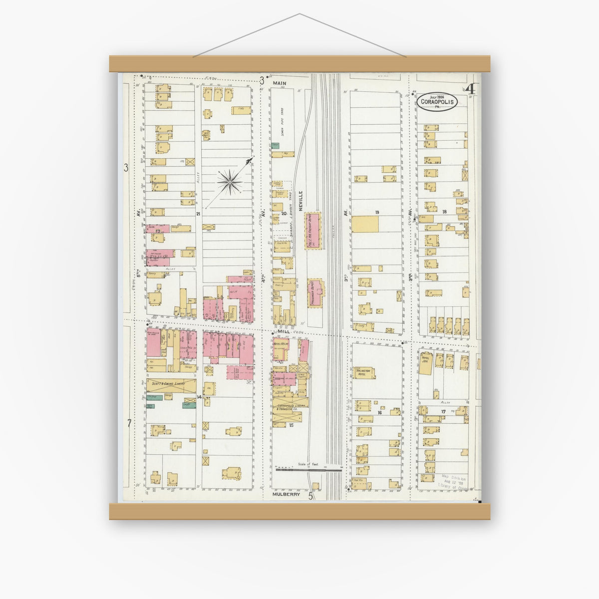 Old map wall art mockup — magnetic wood frame on white wall — Sanborn Fire Insurance Map from Coraopolis, Allegheny County, Pennsylvania (1906), Sheet #0004