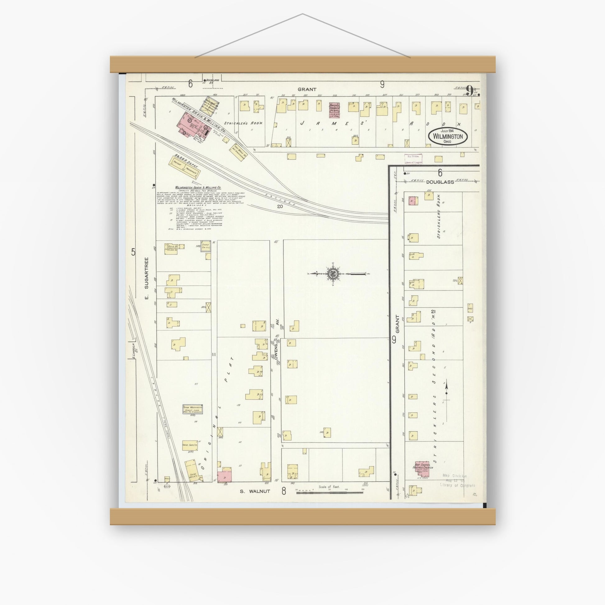 Old map wall art mockup — magnetic wood frame on white wall — Sanborn Fire Insurance Map from Wilmington, Clinton County, Ohio (1914), Sheet #0009