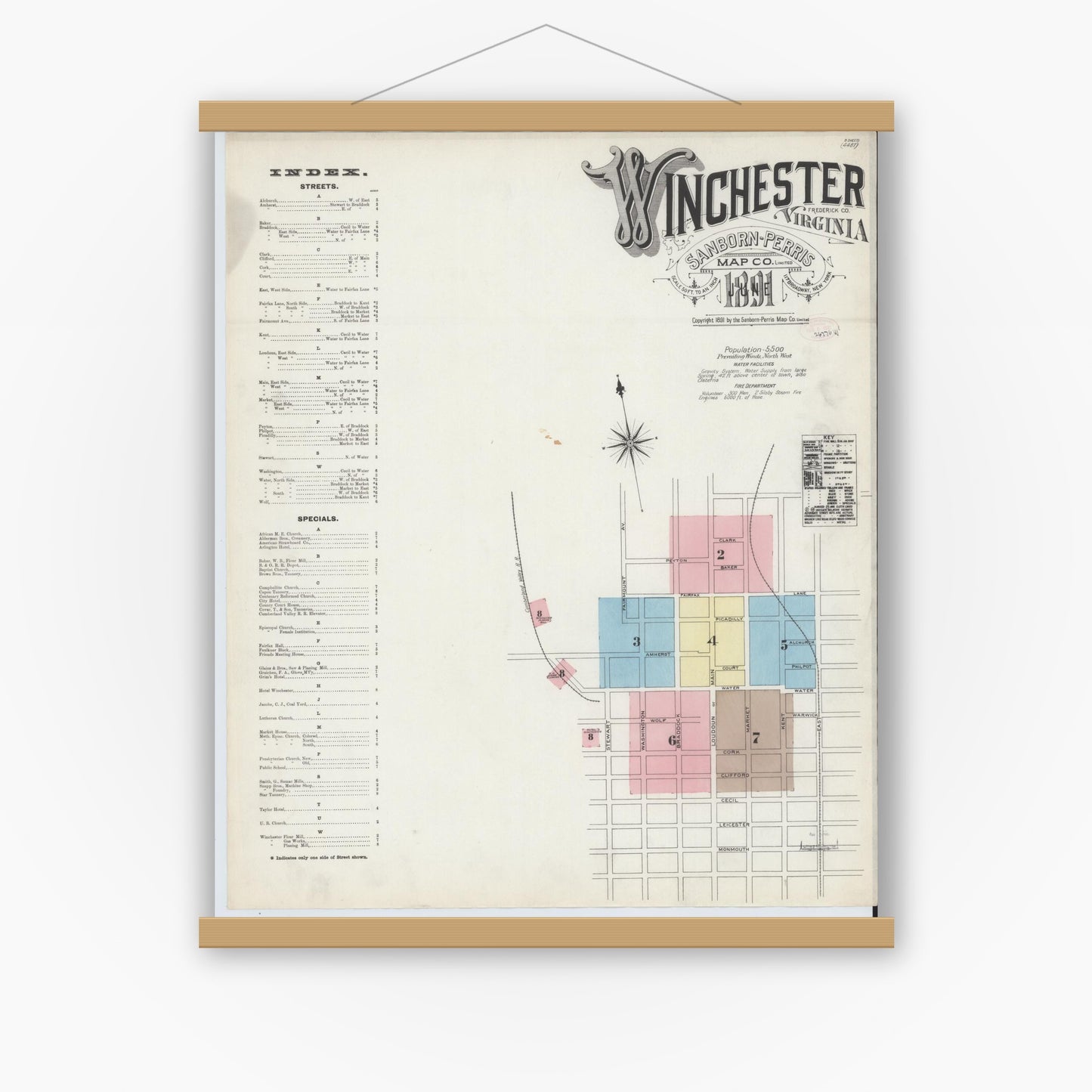 Old map wall art mockup — magnetic wood frame on white wall — Sanborn Fire Insurance Map from Winchester, Independent Cities, Virginia (1891) - Complete Map Set
