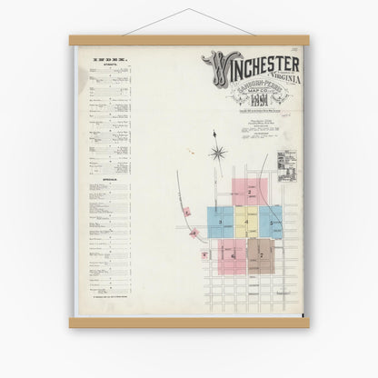 Old map wall art mockup — magnetic wood frame on white wall — Sanborn Fire Insurance Map from Winchester, Independent Cities, Virginia (1891) - Complete Map Set