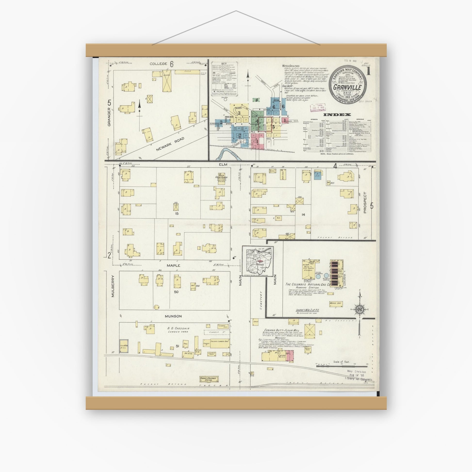 Old map wall art mockup — magnetic wood frame on white wall — Sanborn Fire Insurance Map from Granville, Licking County, Ohio (1913), Sheet #0001