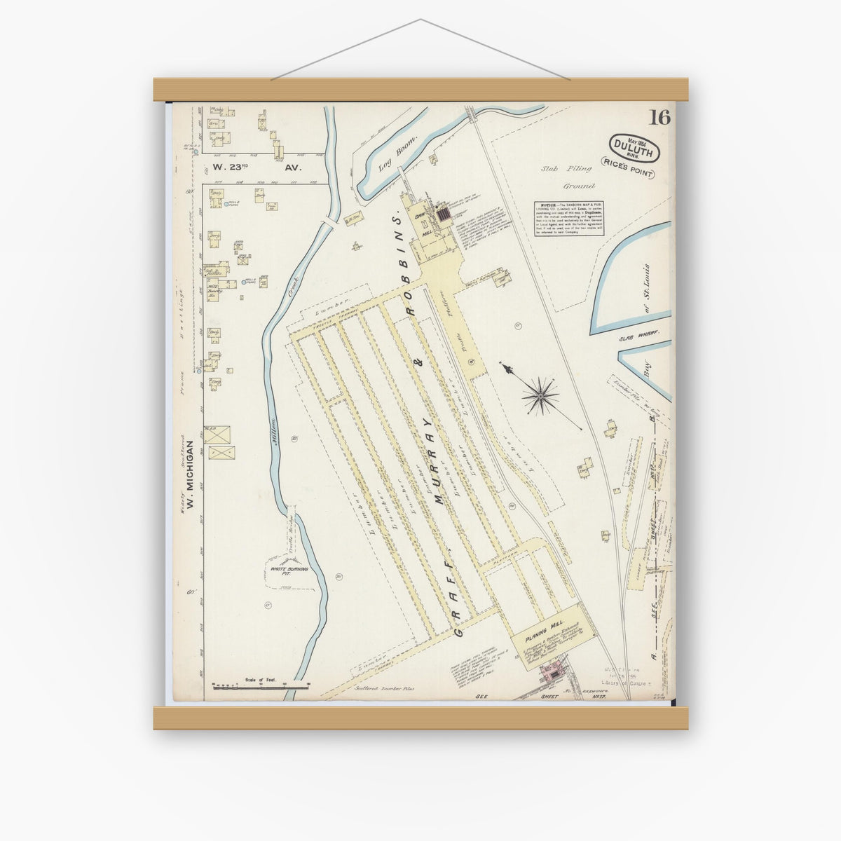 Old map wall art mockup — magnetic wood frame on white wall — Sanborn Fire Insurance Map from Duluth, Saint Louis County, Minnesota (1884), Sheet #0016