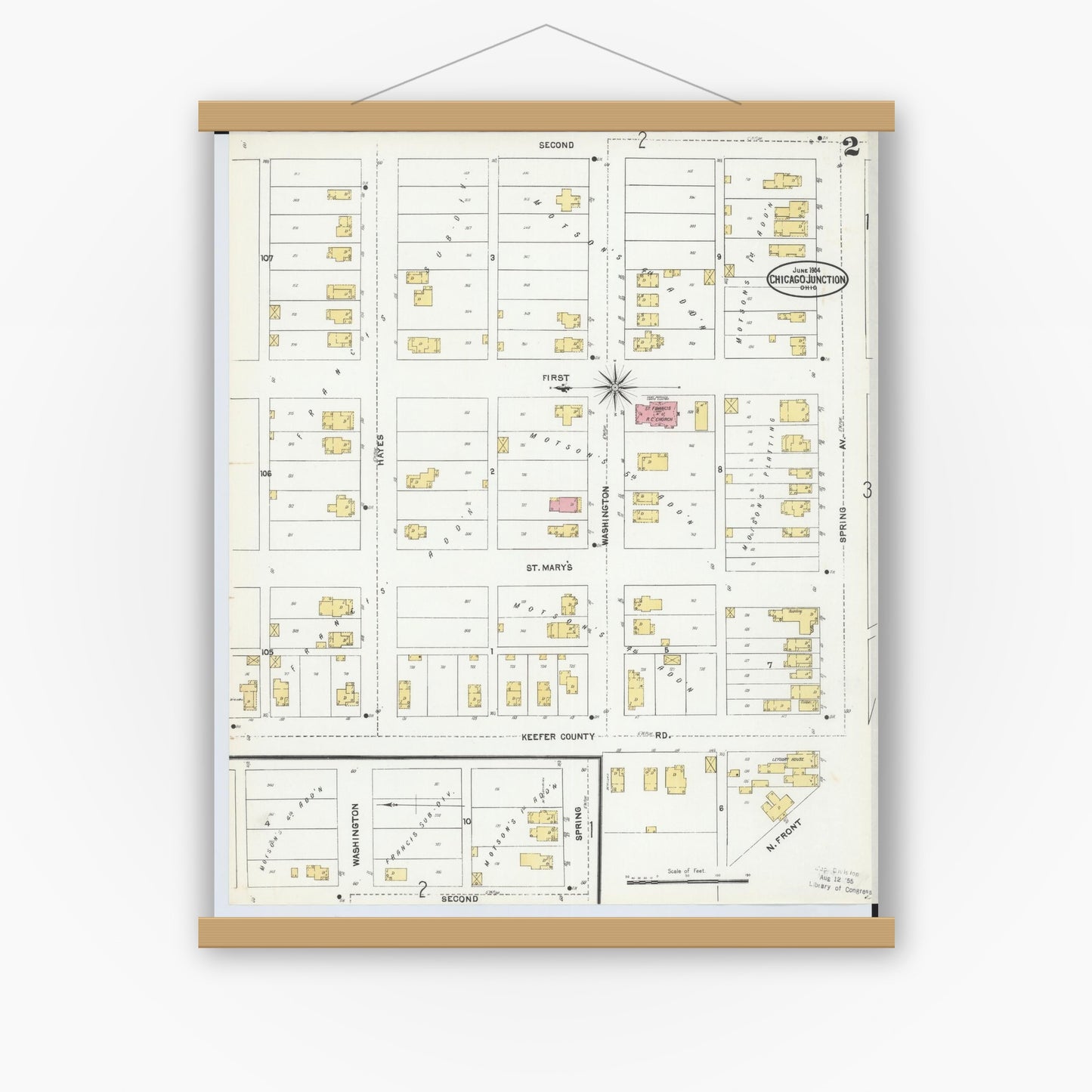 Old map wall art mockup — magnetic wood frame on white wall — Sanborn Fire Insurance Map from Chicago Junction, Huron County, Ohio (1904), Sheet #0002