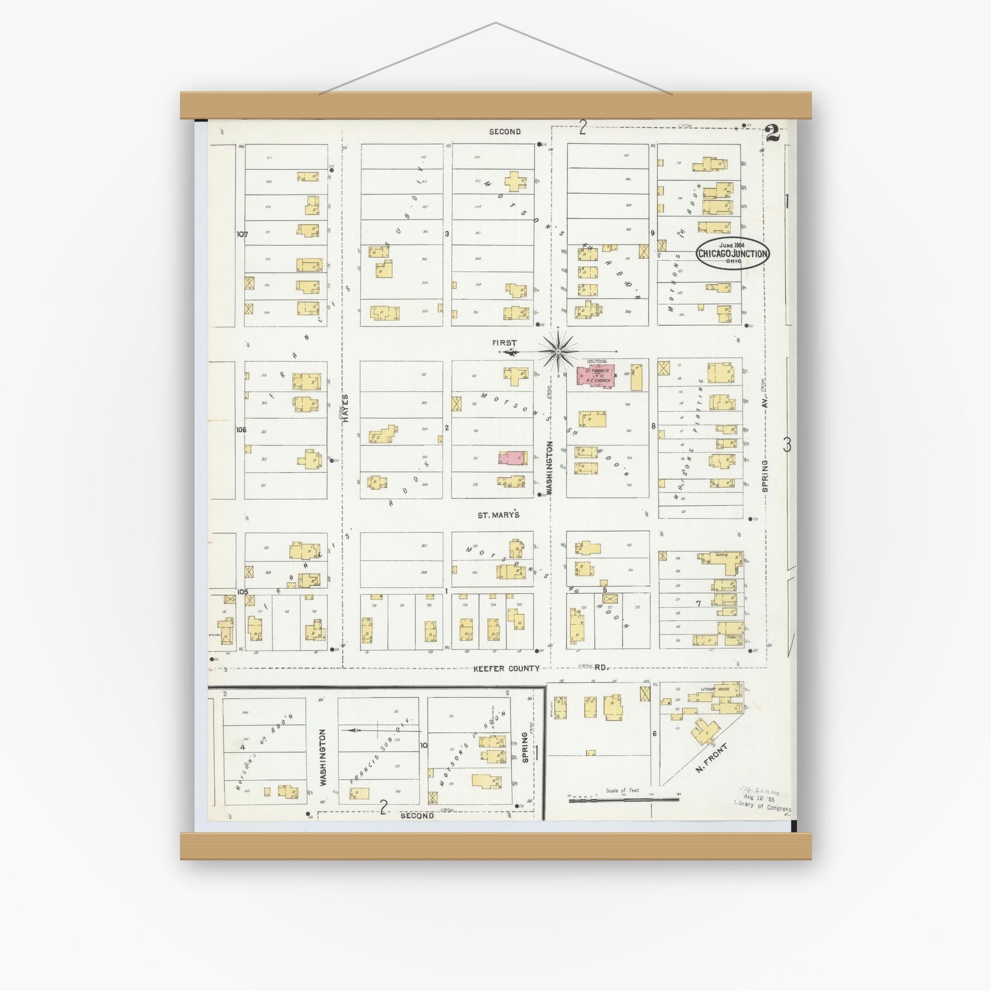Old map wall art mockup — magnetic wood frame on white wall — Sanborn Fire Insurance Map from Chicago Junction, Huron County, Ohio (1904), Sheet #0002