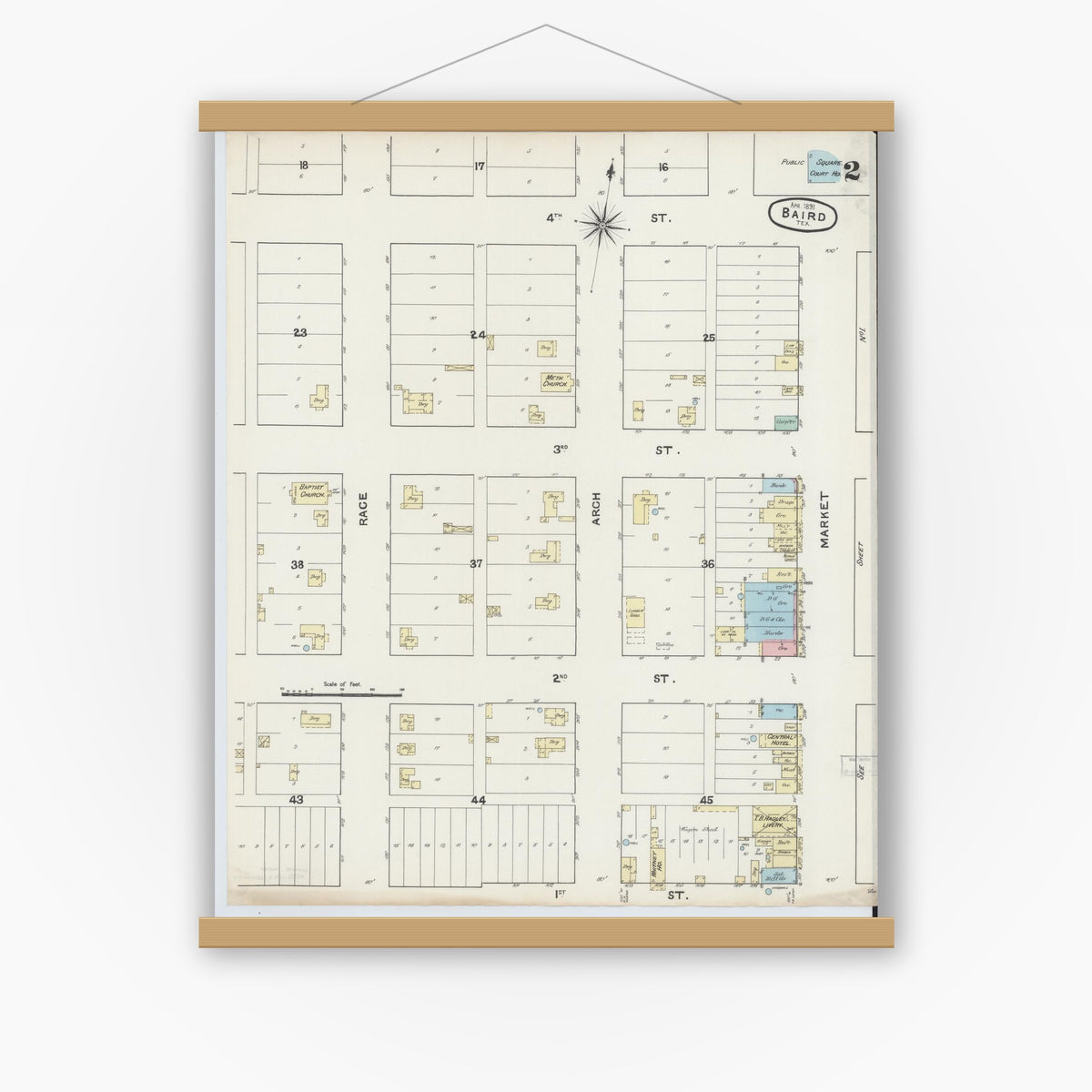 Old map wall art mockup — magnetic wood frame on white wall — Sanborn Fire Insurance Map from Baird, Callahan County, Texas (1891), Sheet #0002