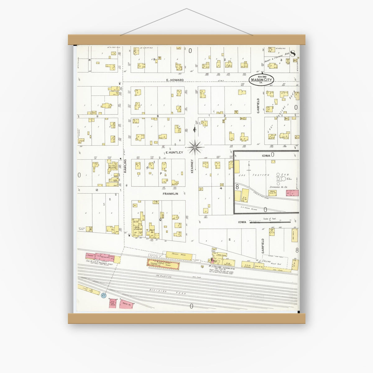 Old map wall art mockup — magnetic wood frame on white wall — Sanborn Fire Insurance Map from Mason City, Cerro Gordo County, Iowa (1901), Sheet #0008