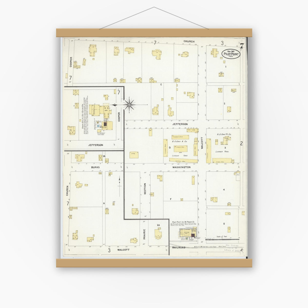 Old map wall art mockup — magnetic wood frame on white wall — Sanborn Fire Insurance Map from Pilot Point, Denton County, Texas (1907), Sheet #0007