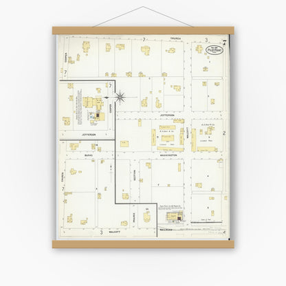 Old map wall art mockup — magnetic wood frame on white wall — Sanborn Fire Insurance Map from Pilot Point, Denton County, Texas (1907), Sheet #0007