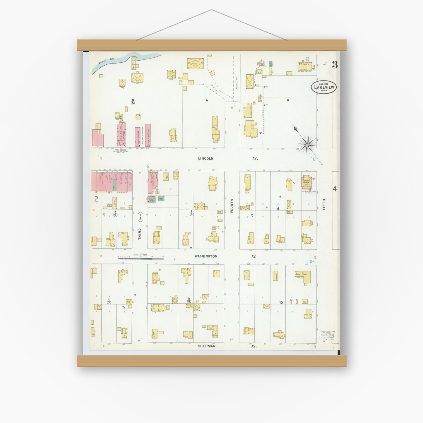Old map wall art mockup — magnetic wood frame on white wall — Sanborn Fire Insurance Map from Lakeview, Montcalm County, Michigan (1899), Sheet #0003