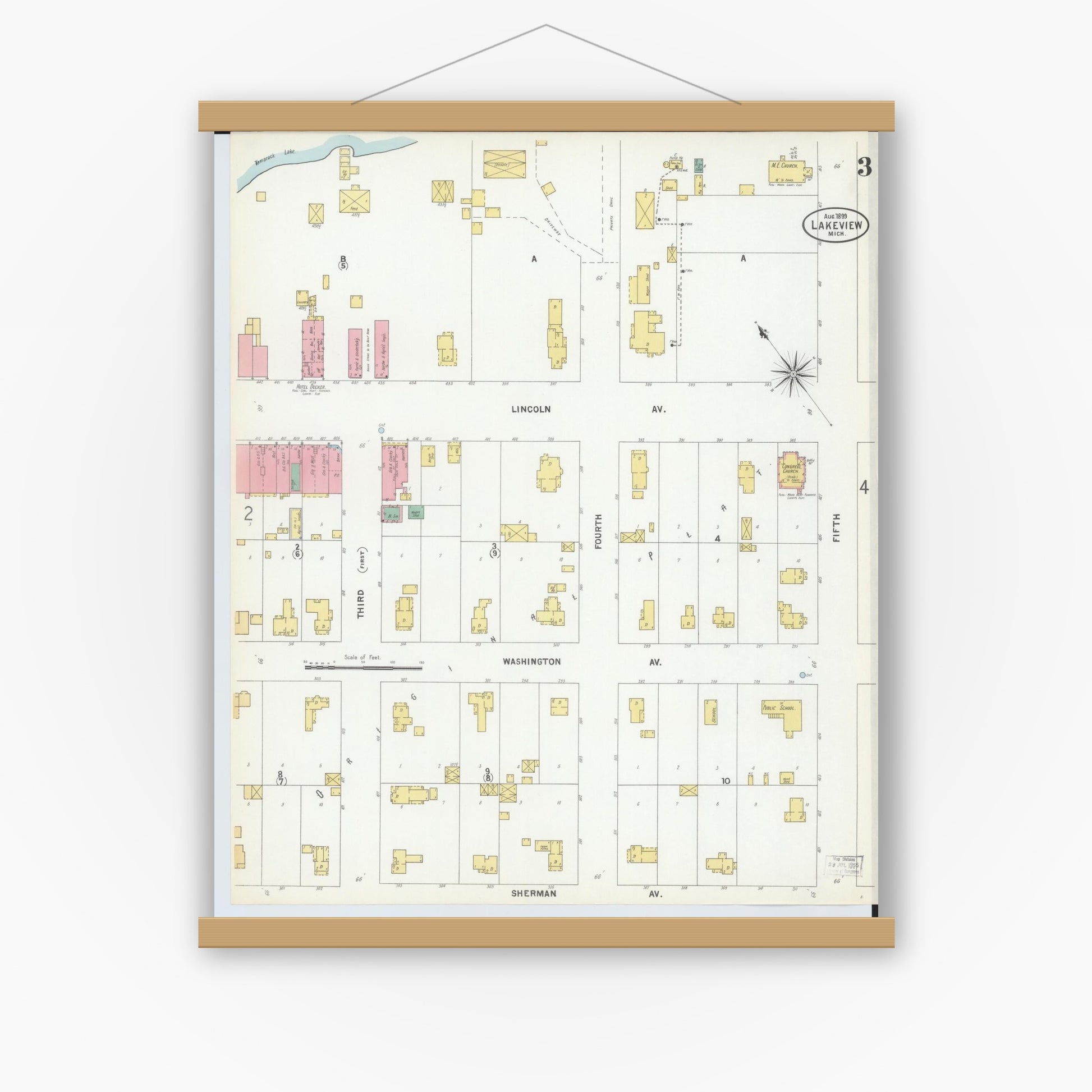 Old map wall art mockup — magnetic wood frame on white wall — Sanborn Fire Insurance Map from Lakeview, Montcalm County, Michigan (1899), Sheet #0003