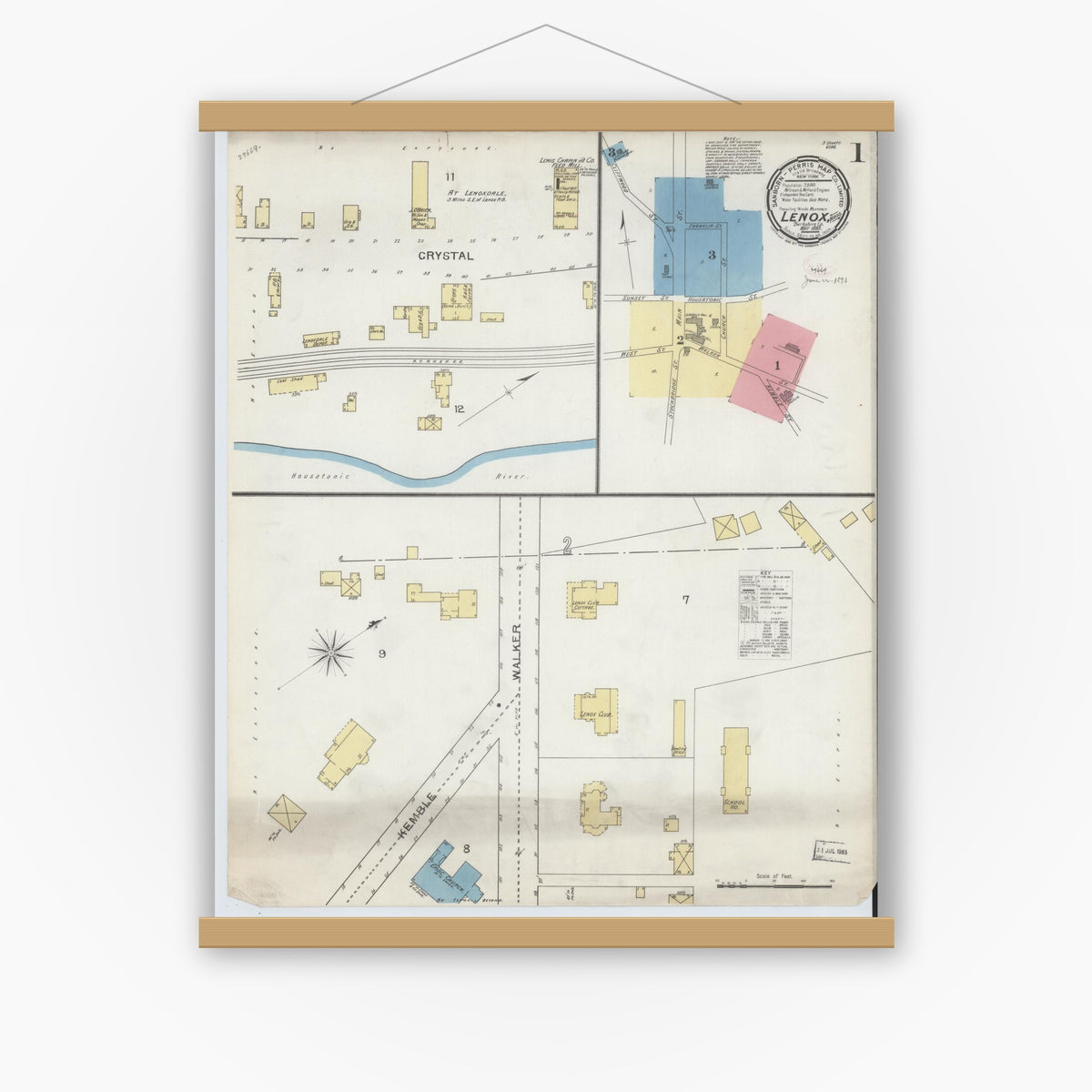 Old map wall art mockup — magnetic wood frame on white wall — Sanborn Fire Insurance Map from Lenox, Berkshire County, Massachusetts (1893) - Complete Map Set