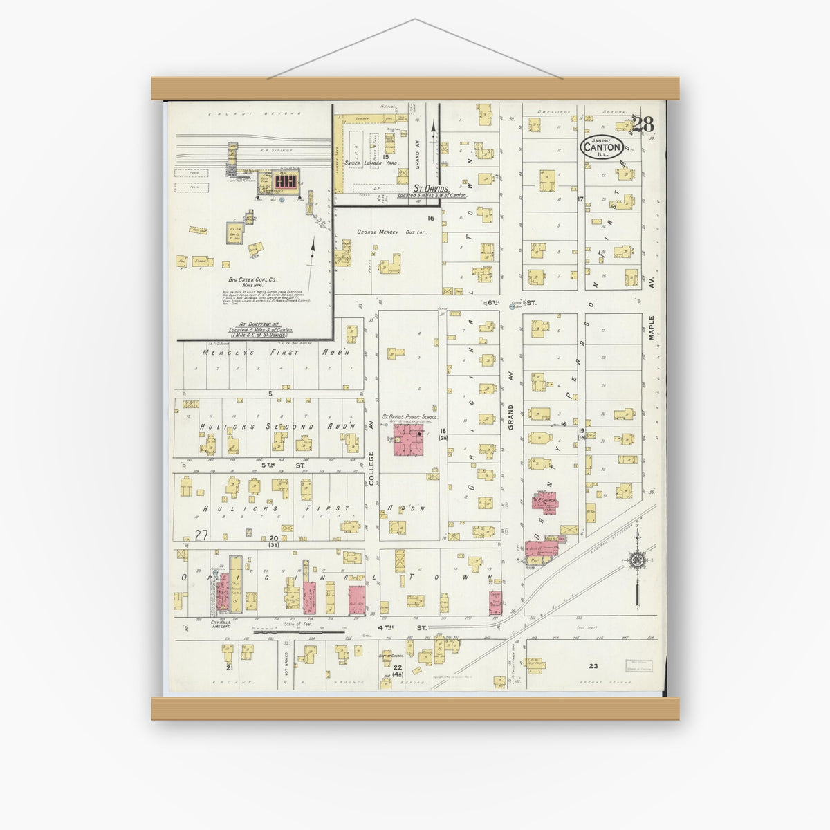 Old map wall art mockup — magnetic wood frame on white wall — Sanborn Fire Insurance Map from Canton, Fulton County, Illinois (1917), Sheet #0028