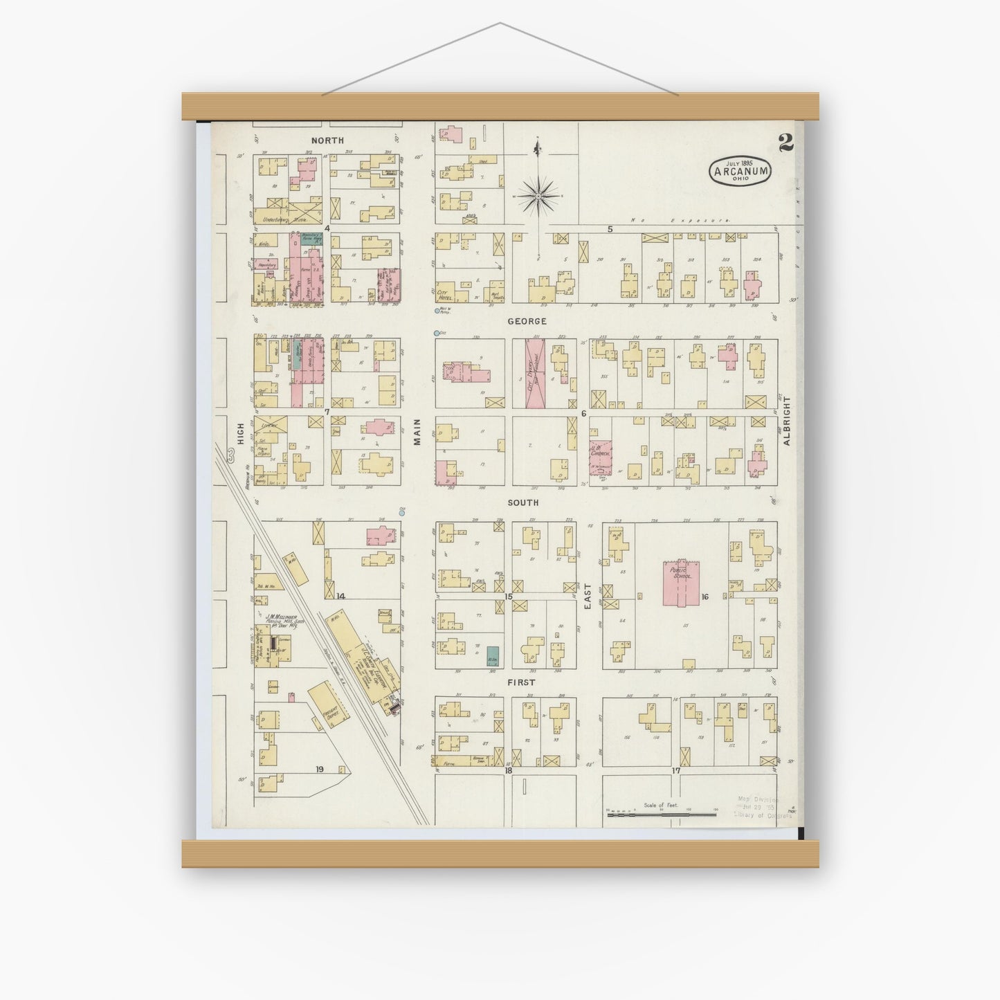 Old map wall art mockup — magnetic wood frame on white wall — Sanborn Fire Insurance Map from Arcanum, Darke County, Ohio (1895), Sheet #0002