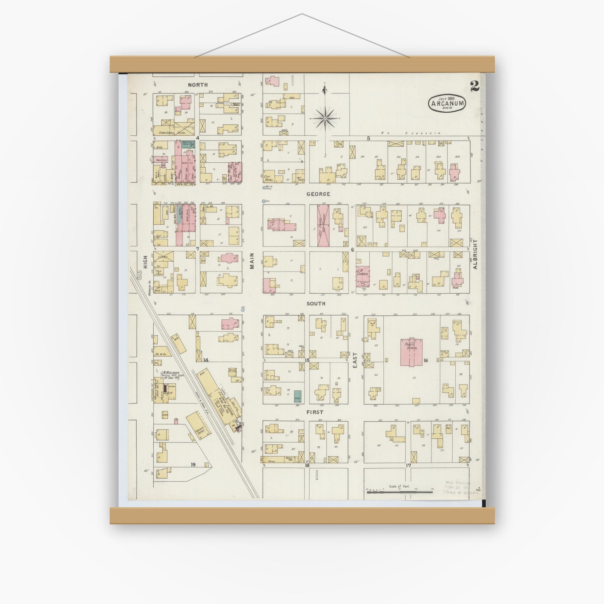 Old map wall art mockup — magnetic wood frame on white wall — Sanborn Fire Insurance Map from Arcanum, Darke County, Ohio (1895), Sheet #0002
