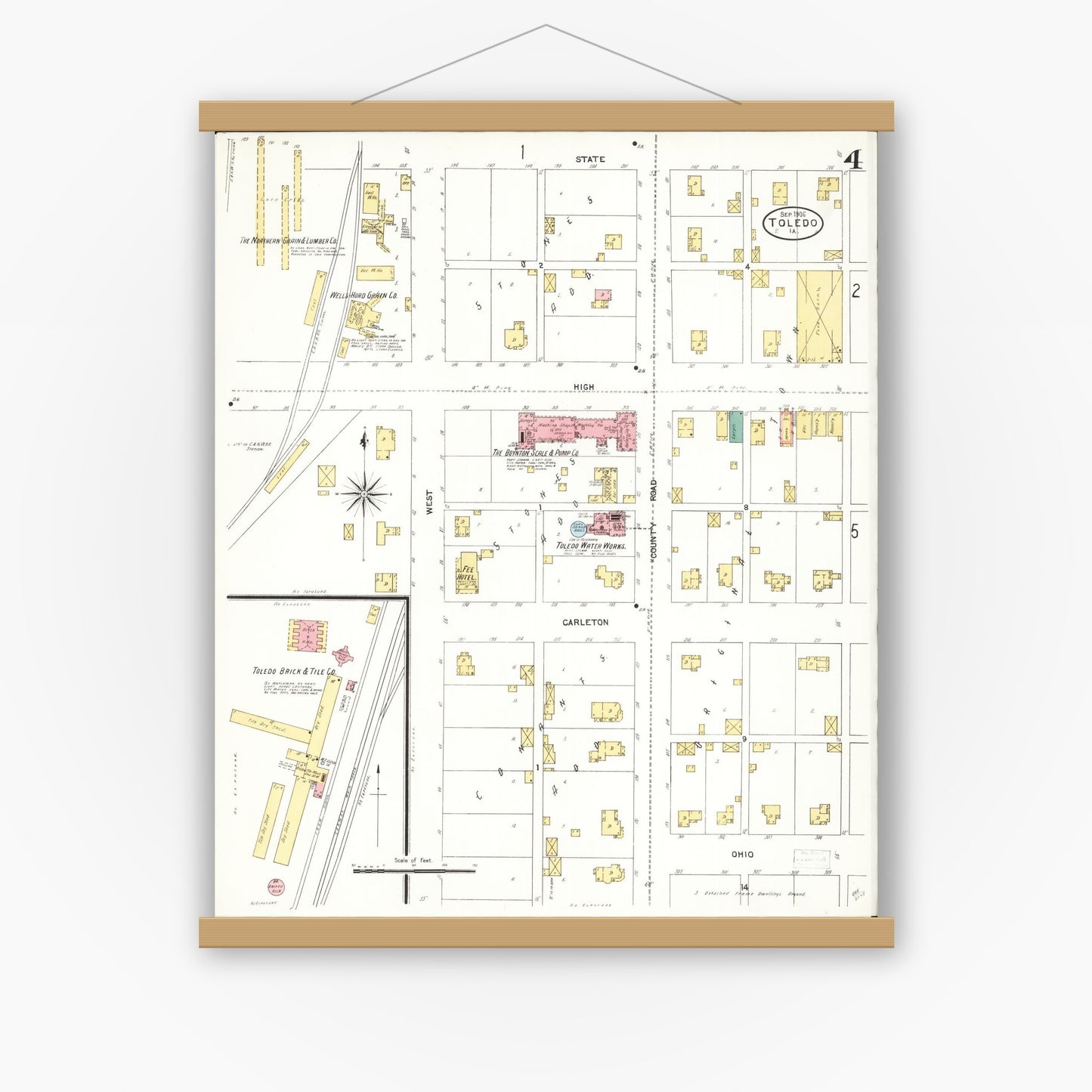 Old map wall art mockup — magnetic wood frame on white wall — Sanborn Fire Insurance Map from Toledo, Tama County, Iowa (1906), Sheet #0004