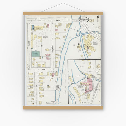 Old map wall art mockup — magnetic wood frame on white wall — Sanborn Fire Insurance Map from Hornell, Steuben County, New York (1888), Sheet #0006
