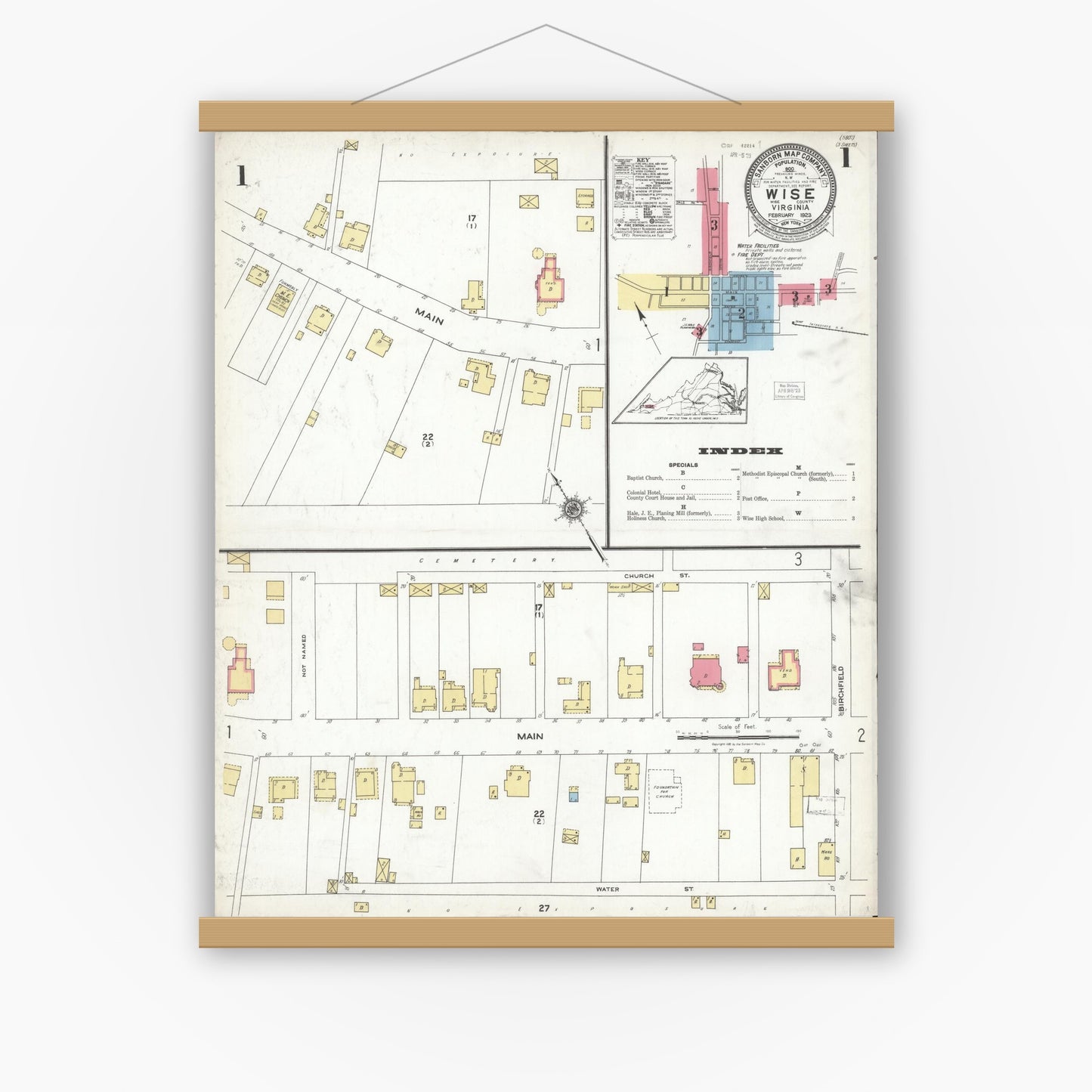 Old map wall art mockup — magnetic wood frame on white wall — Sanborn Fire Insurance Map from Wise, Wise County, Virginia (1923), Sheet #0001