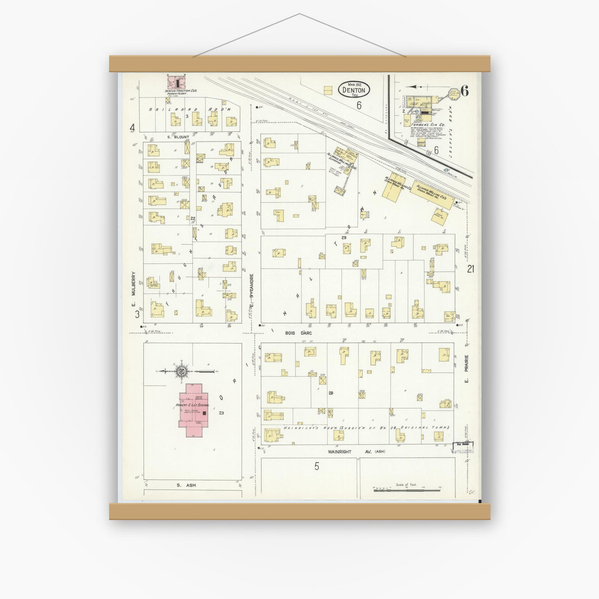 Old map wall art mockup — magnetic wood frame on white wall — Sanborn Fire Insurance Map from Denton, Denton County, Texas (1912), Sheet #0006
