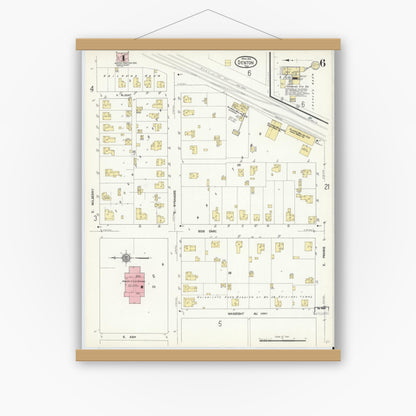 Old map wall art mockup — magnetic wood frame on white wall — Sanborn Fire Insurance Map from Denton, Denton County, Texas (1912), Sheet #0006