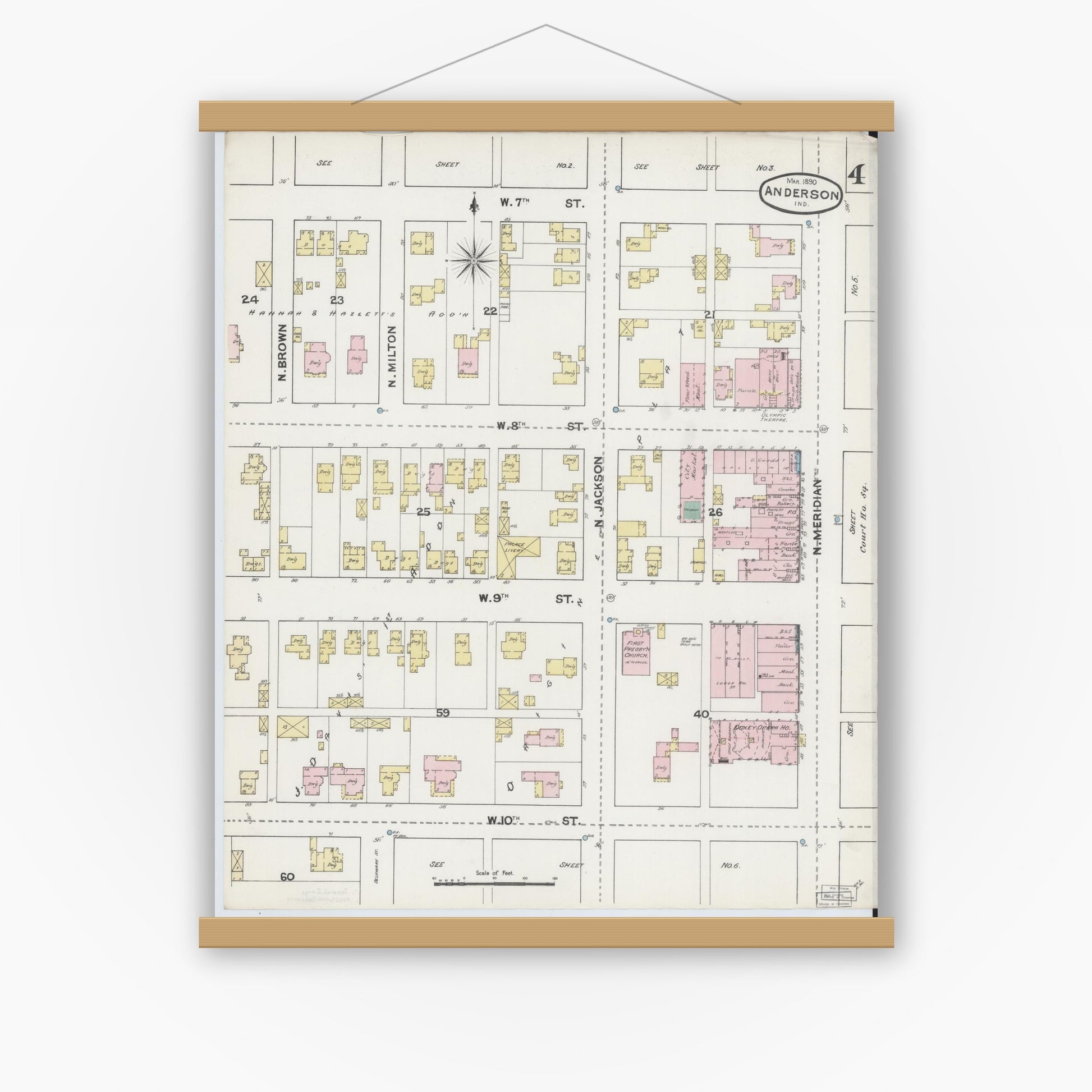 Old map wall art mockup — magnetic wood frame on white wall — Sanborn Fire Insurance Map from Anderson, Madison County, Indiana (1890), Sheet #0004