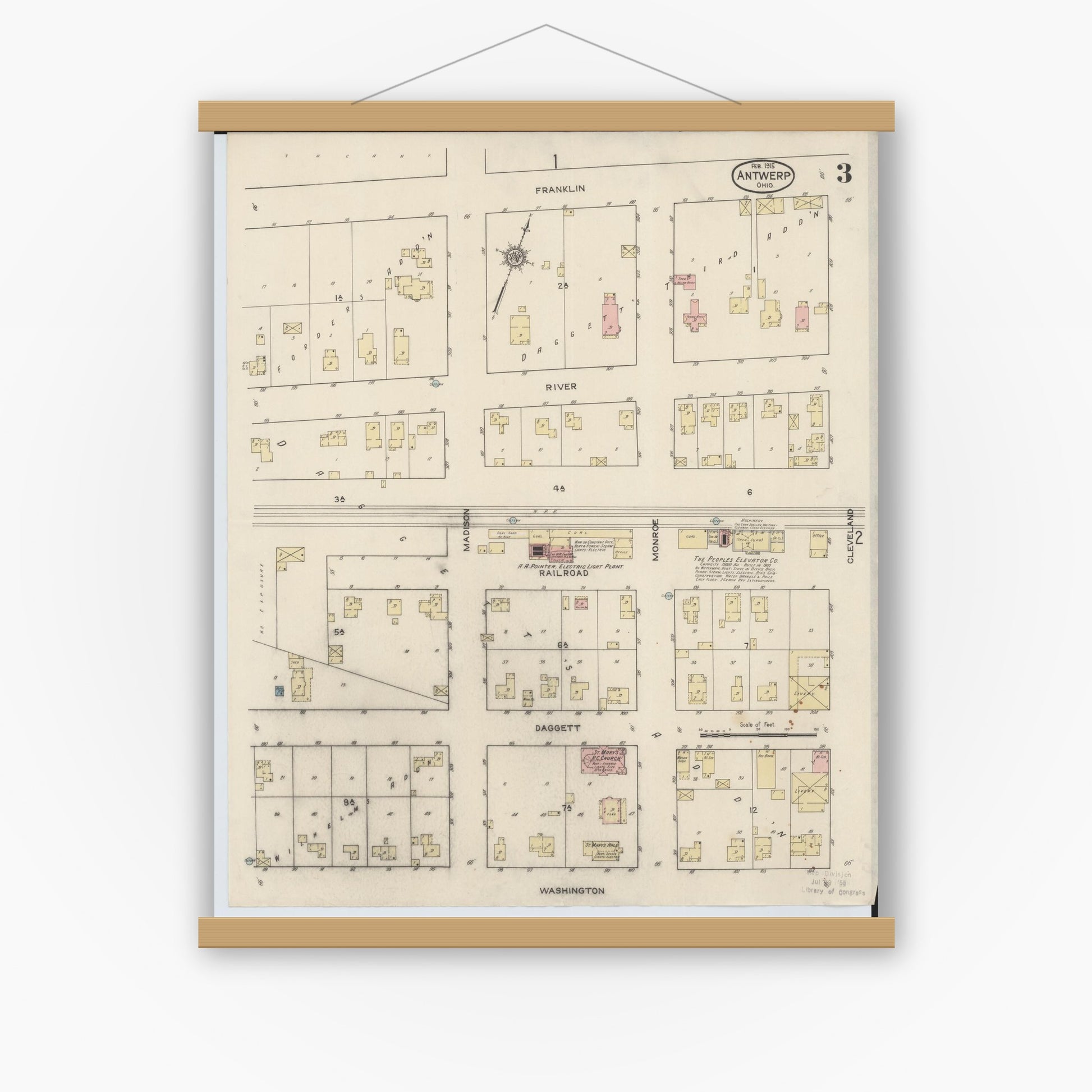 Old map wall art mockup — magnetic wood frame on white wall — Sanborn Fire Insurance Map from Antwerp, Paulding County, Ohio (1915), Sheet #0003