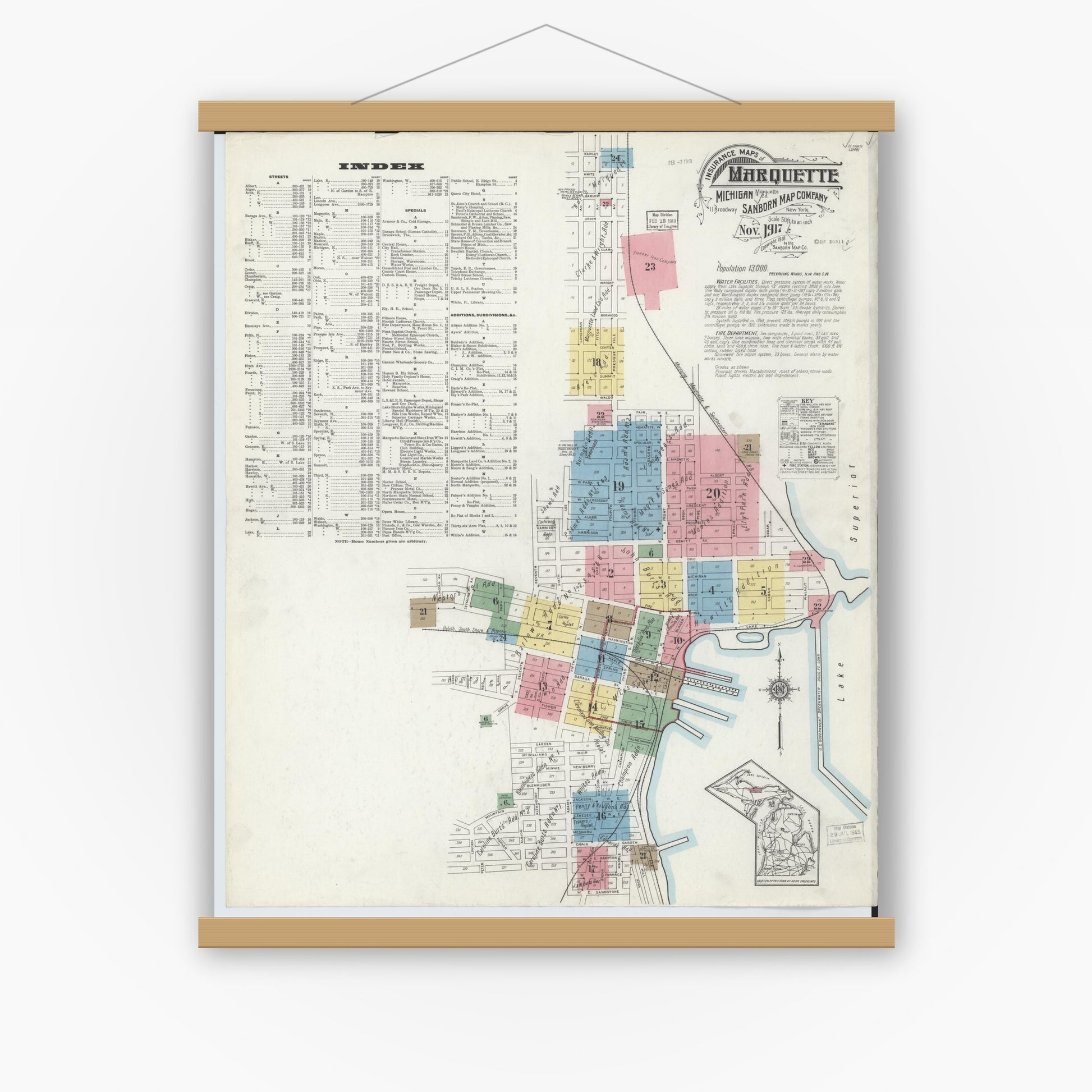 Old map wall art mockup — magnetic wood frame on white wall — Sanborn Fire Insurance Map from Marquette, Marquette County, Michigan (1917) - Complete Map Set