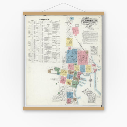 Old map wall art mockup — magnetic wood frame on white wall — Sanborn Fire Insurance Map from Marquette, Marquette County, Michigan (1917) - Complete Map Set