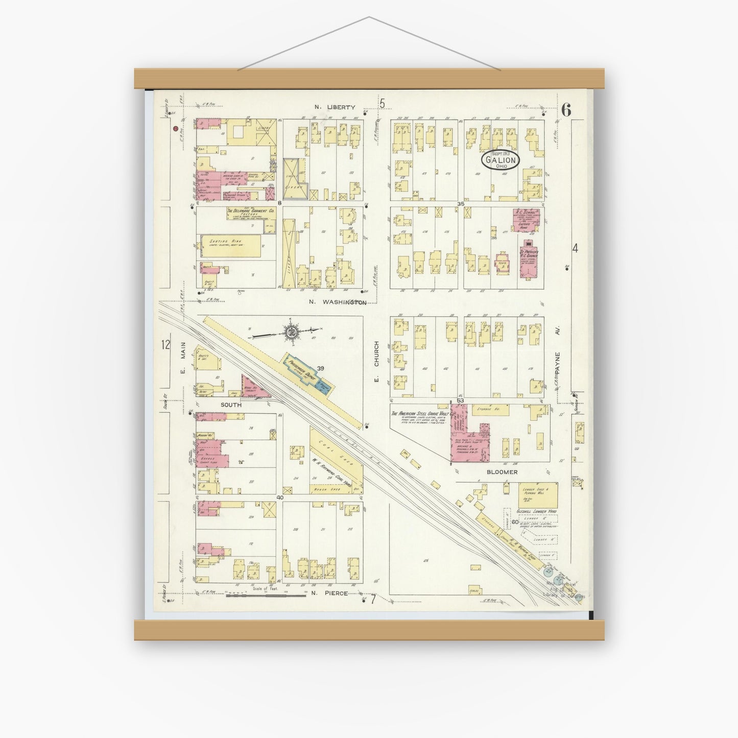 Old map wall art mockup — magnetic wood frame on white wall — Sanborn Fire Insurance Map from Galion, Crawford County, Ohio (1913), Sheet #0006
