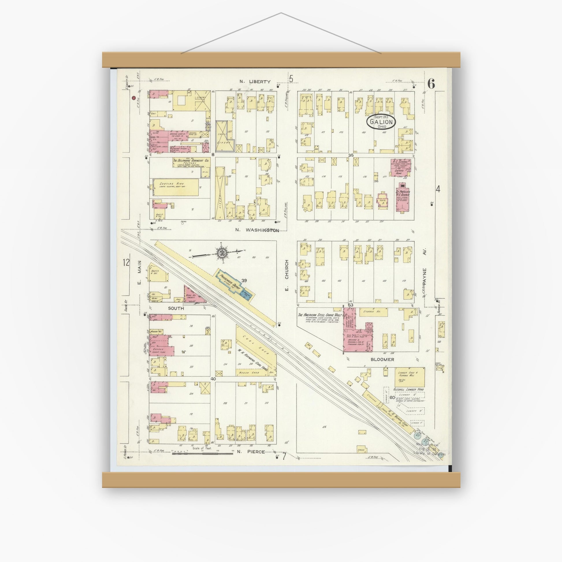 Old map wall art mockup — magnetic wood frame on white wall — Sanborn Fire Insurance Map from Galion, Crawford County, Ohio (1913), Sheet #0006