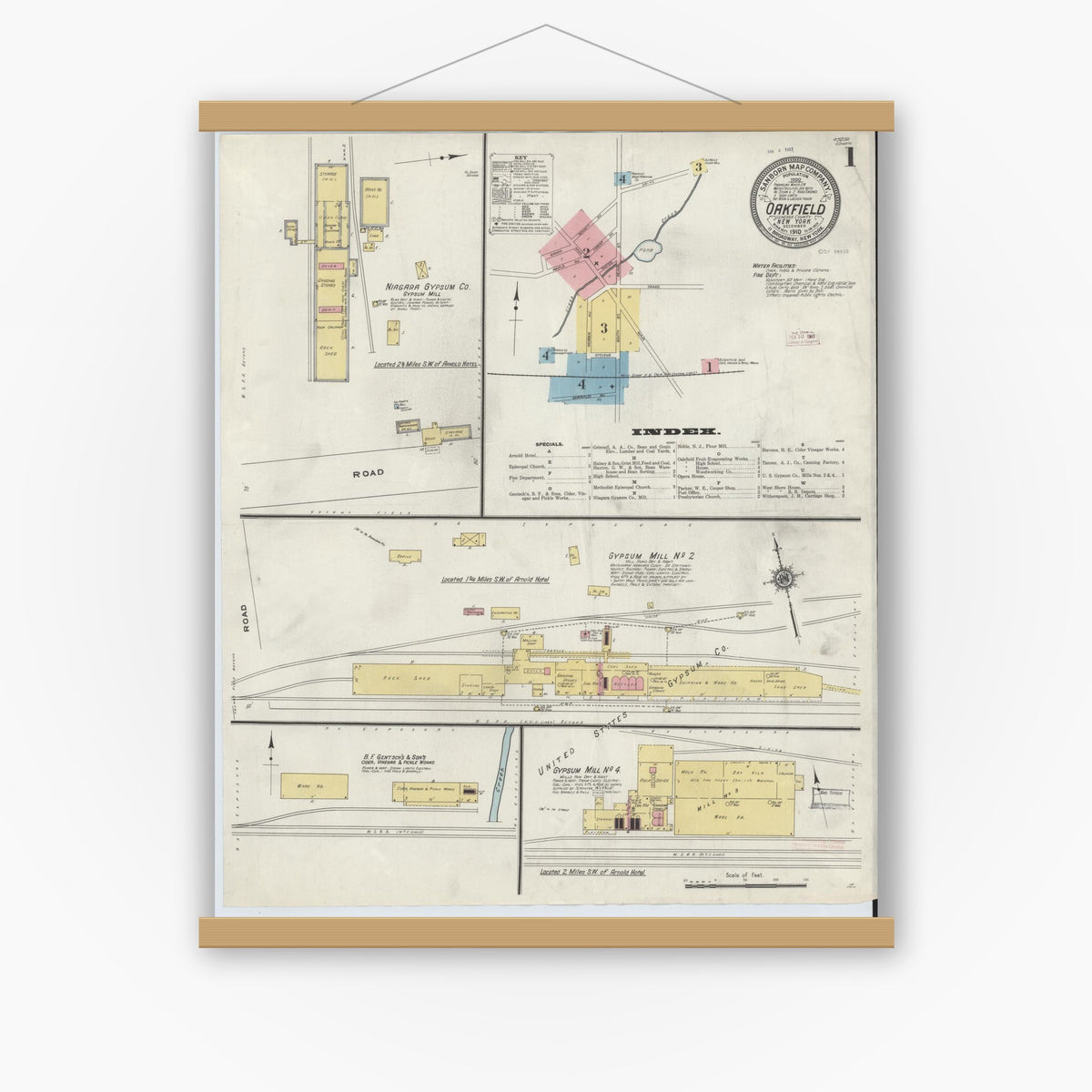 Old map wall art mockup — magnetic wood frame on white wall — Sanborn Fire Insurance Map from Oakfield, Genesee County, New York (1910), Sheet #0001