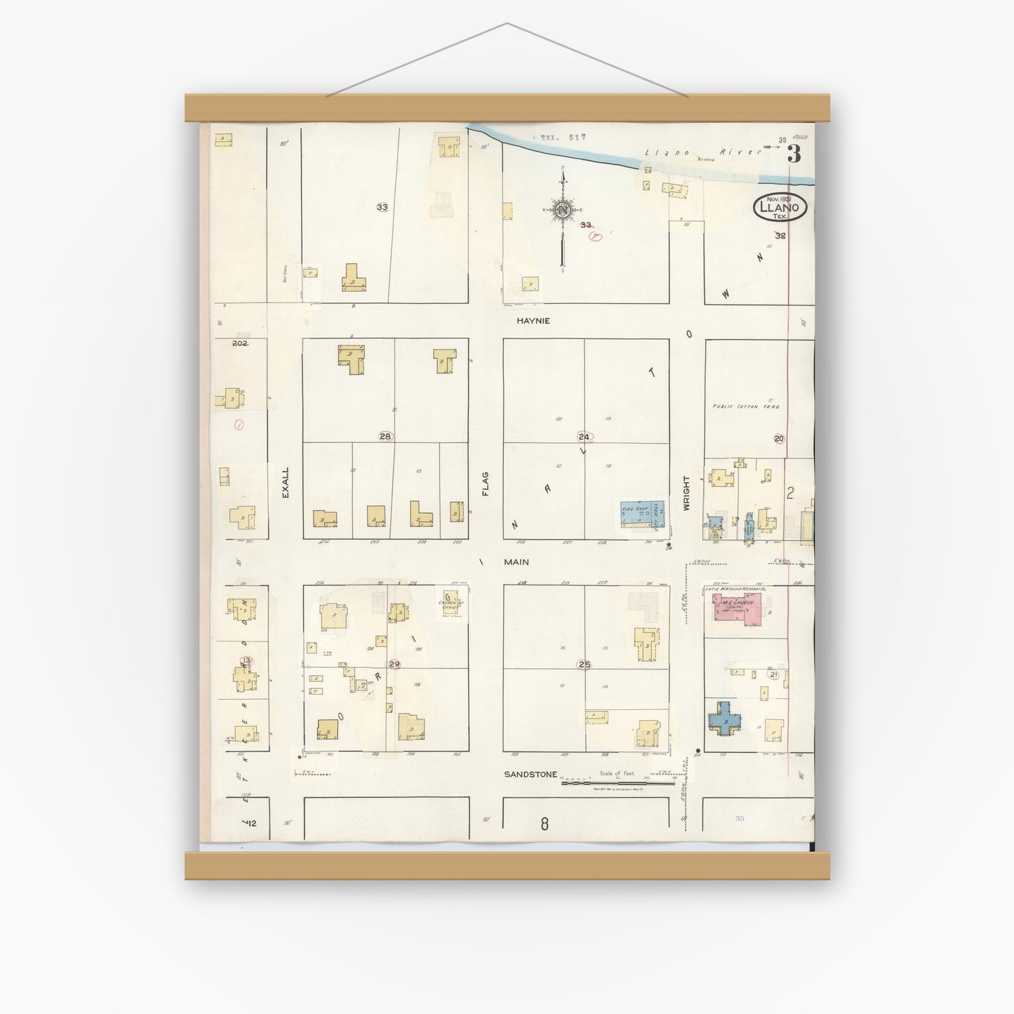 Old map wall art mockup — magnetic wood frame on white wall — Sanborn Fire Insurance Map from Llano, Llano County, Texas (1942), Sheet #0003
