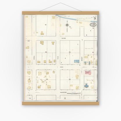 Old map wall art mockup — magnetic wood frame on white wall — Sanborn Fire Insurance Map from Llano, Llano County, Texas (1942), Sheet #0003