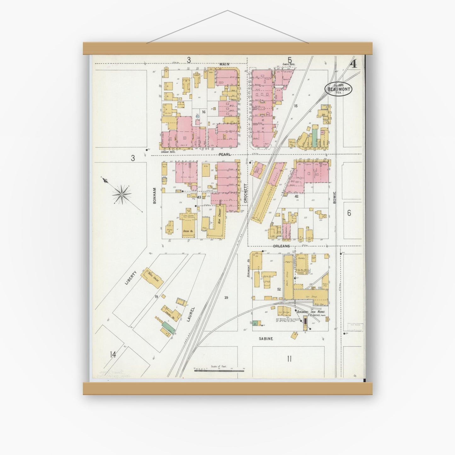 Old map wall art mockup — magnetic wood frame on white wall — Sanborn Fire Insurance Map from Beaumont, Jefferson County, Texas (1899), Sheet #0004