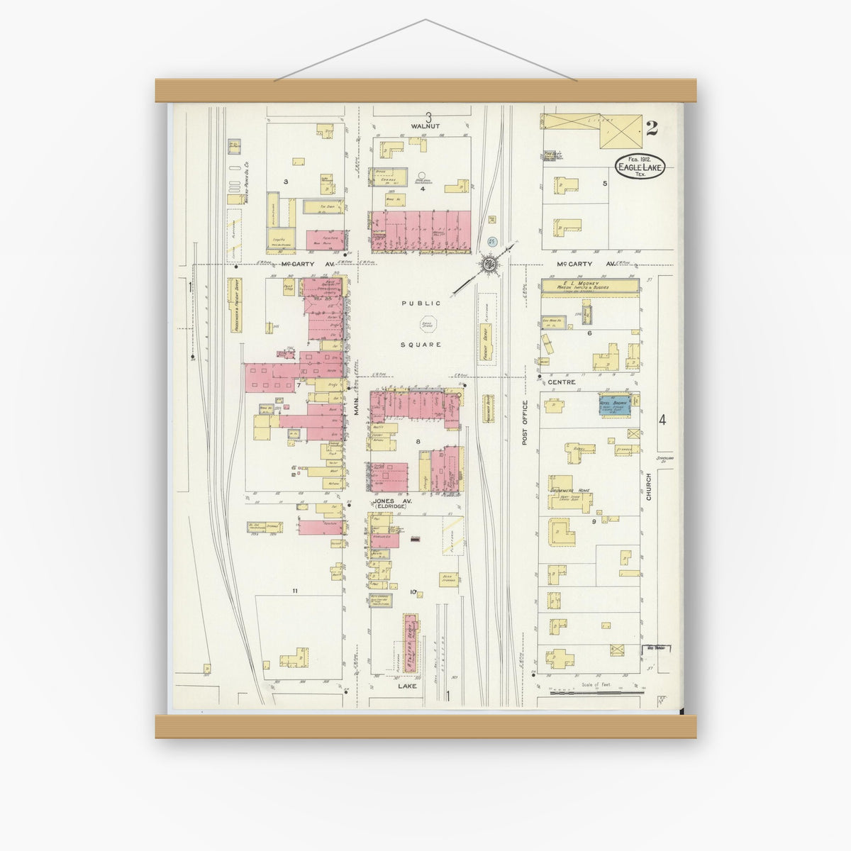 Old map wall art mockup — magnetic wood frame on white wall — Sanborn Fire Insurance Map from Eagle Lake, Colorado County, Texas (1912), Sheet #0002