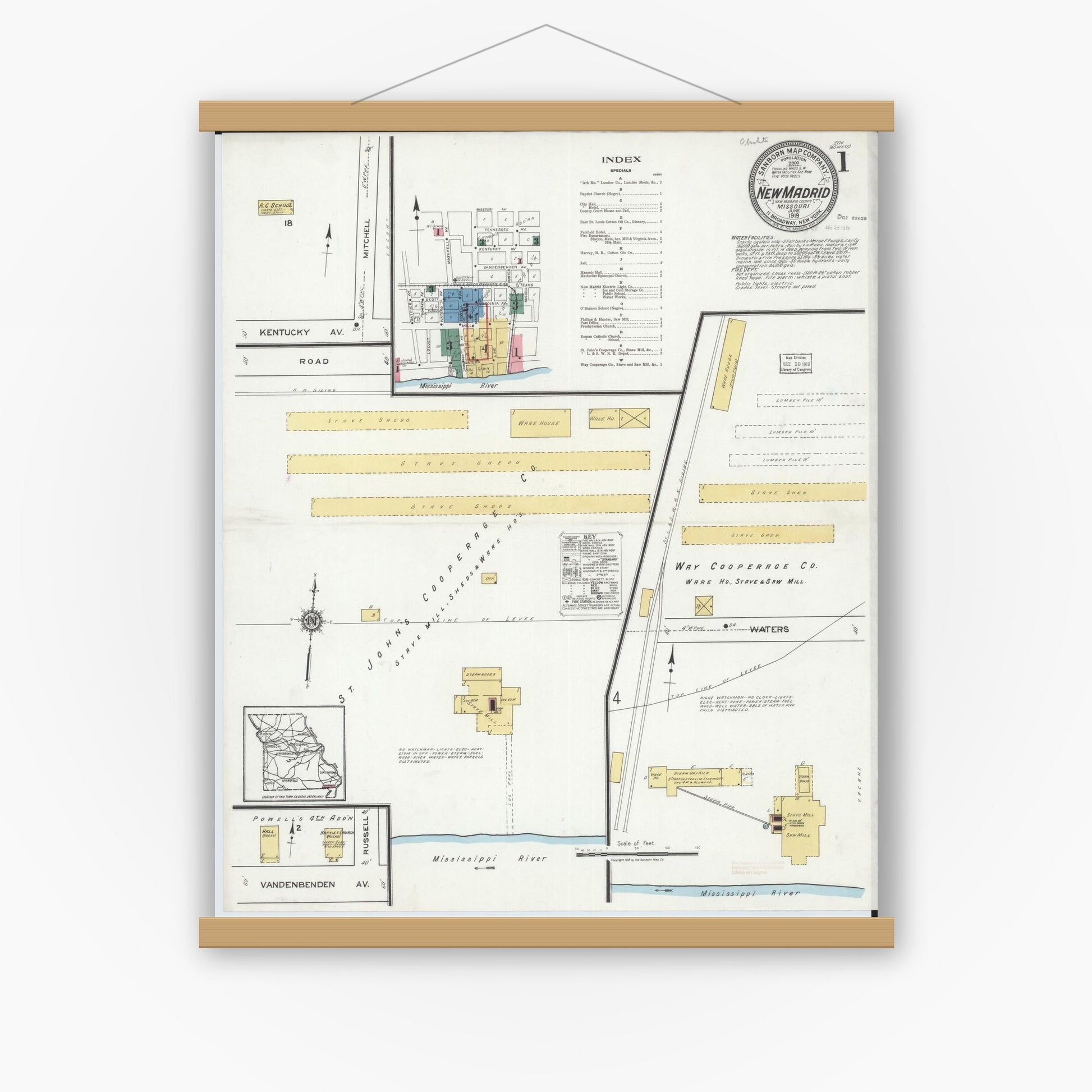 Old map wall art mockup — magnetic wood frame on white wall — Sanborn Fire Insurance Map from New Madrid, New Madrid County, Missouri (1919) - Complete Map Set