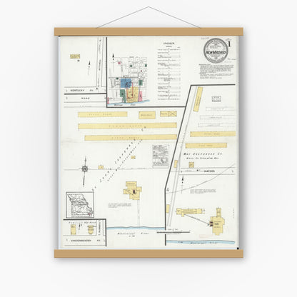 Old map wall art mockup — magnetic wood frame on white wall — Sanborn Fire Insurance Map from New Madrid, New Madrid County, Missouri (1919) - Complete Map Set
