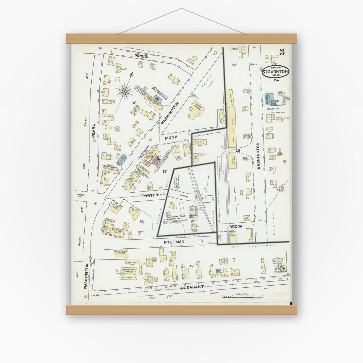 Old map wall art mockup — magnetic wood frame on white wall — Sanborn Fire Insurance Map from Stoughton, Norfolk County, Massachusetts (1891), Sheet #0003