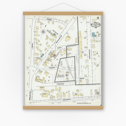 Old map wall art mockup — magnetic wood frame on white wall — Sanborn Fire Insurance Map from Stoughton, Norfolk County, Massachusetts (1891), Sheet #0003