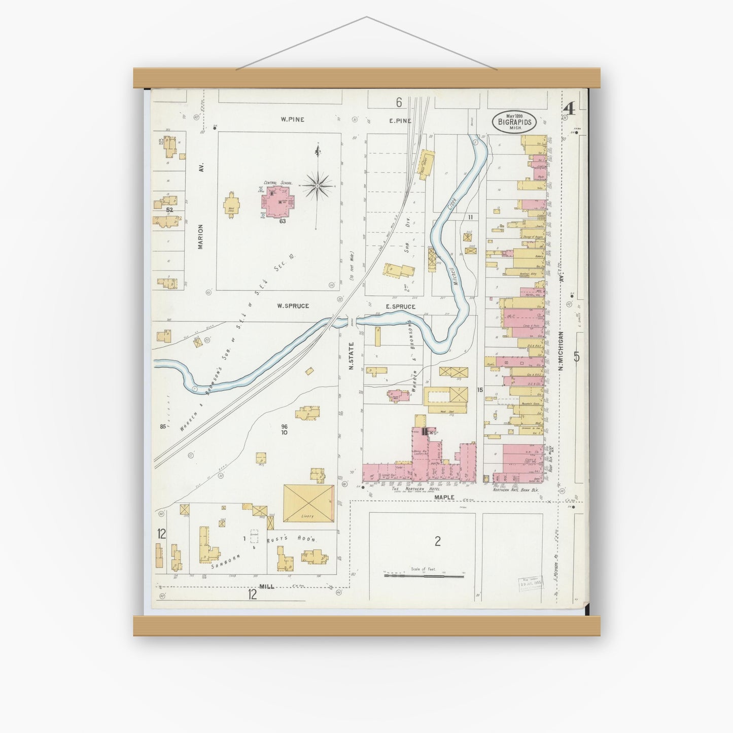 Old map wall art mockup — magnetic wood frame on white wall — Sanborn Fire Insurance Map from Big Rapids, Mecosta County, Michigan (1899), Sheet #0004