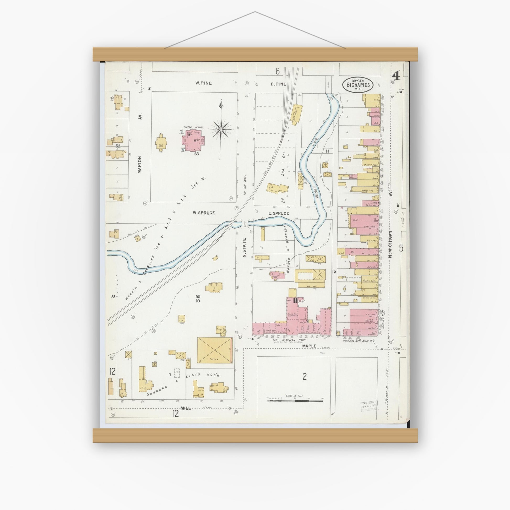 Old map wall art mockup — magnetic wood frame on white wall — Sanborn Fire Insurance Map from Big Rapids, Mecosta County, Michigan (1899), Sheet #0004