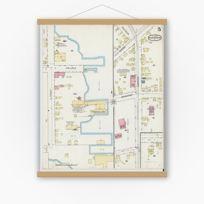 Old map wall art mockup — magnetic wood frame on white wall — Sanborn Fire Insurance Map from New Bern, Craven County, North Carolina (1893), Sheet #0005