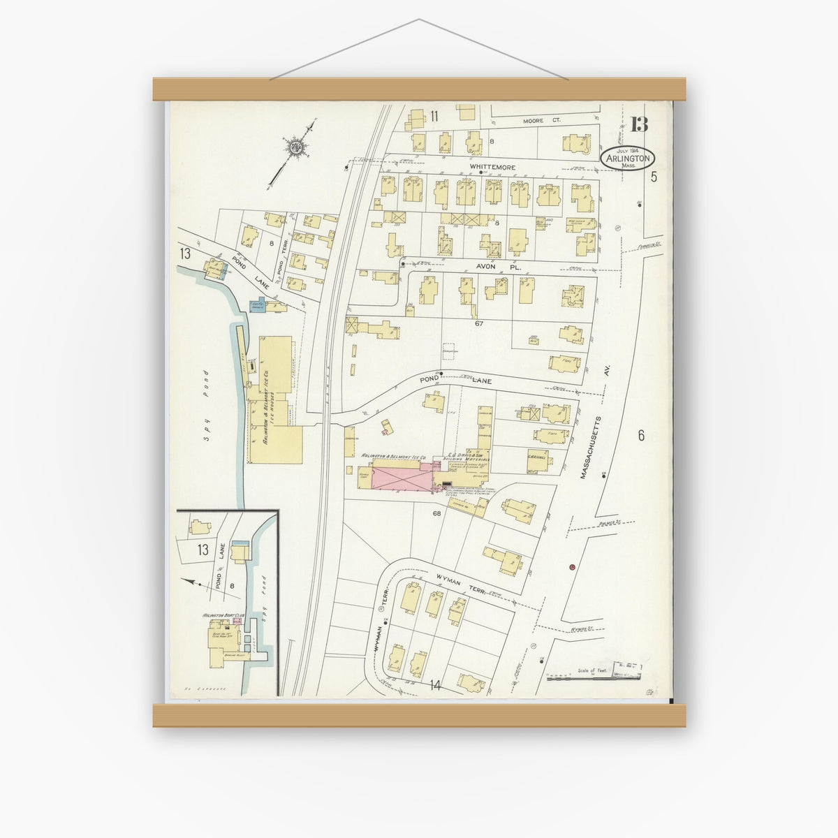 Old map wall art mockup — magnetic wood frame on white wall — Sanborn Fire Insurance Map from Arlington, Middlesex County, Massachusetts (1914), Sheet #0013