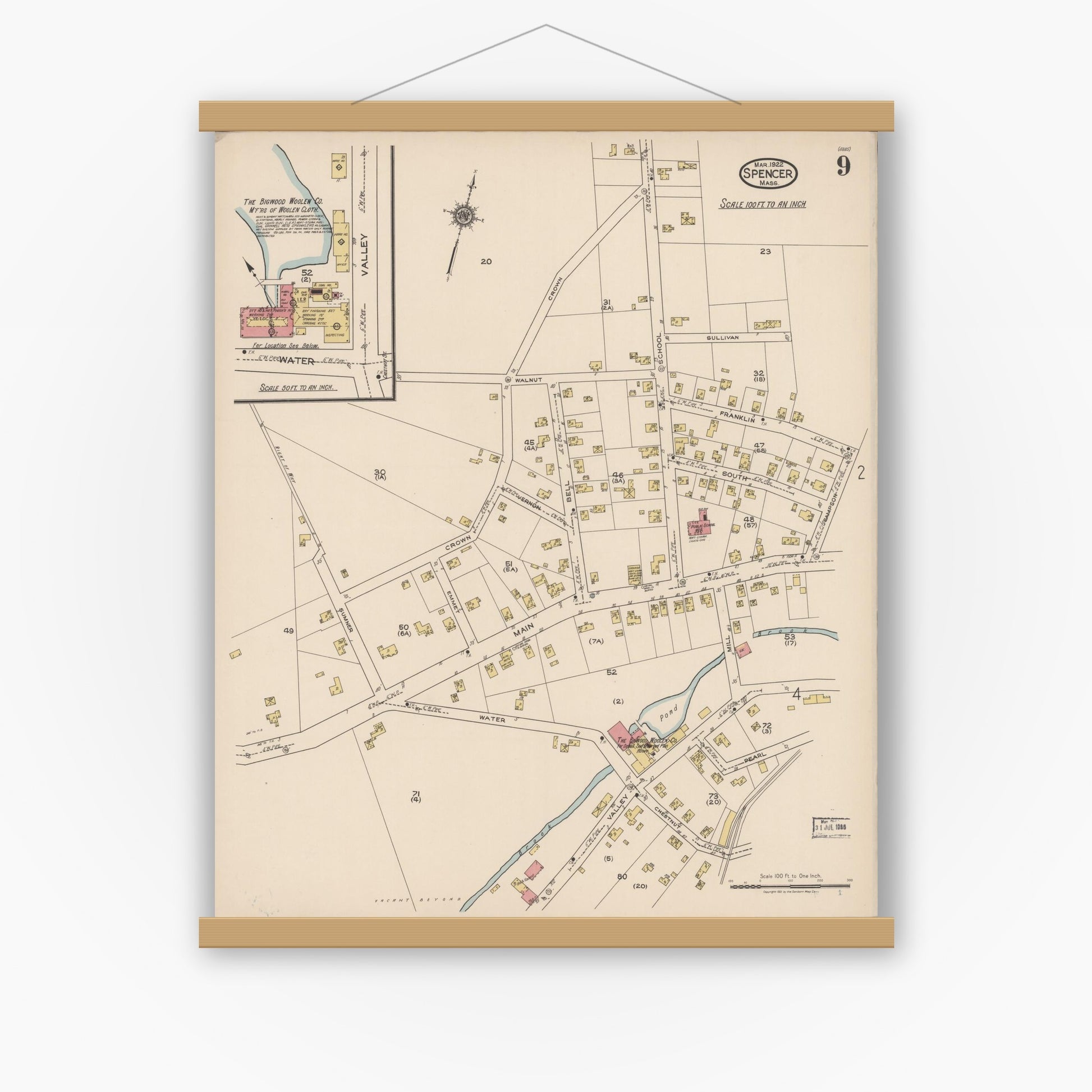 Old map wall art mockup — magnetic wood frame on white wall — Sanborn Fire Insurance Map from Spencer, Worcester County, Massachusetts (1922), Sheet #0009
