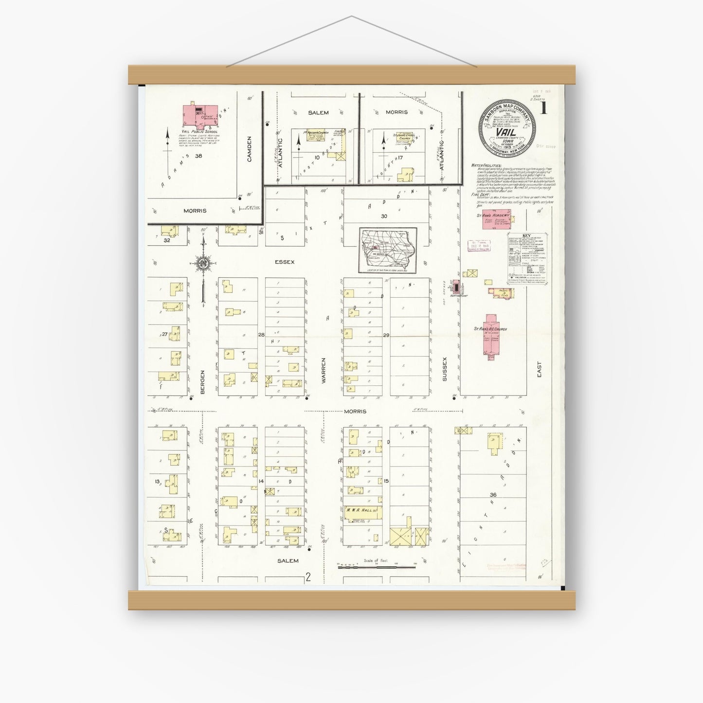 Old map wall art mockup — magnetic wood frame on white wall — Sanborn Fire Insurance Map from Vail, Crawford County, Iowa (1913), Sheet #0001