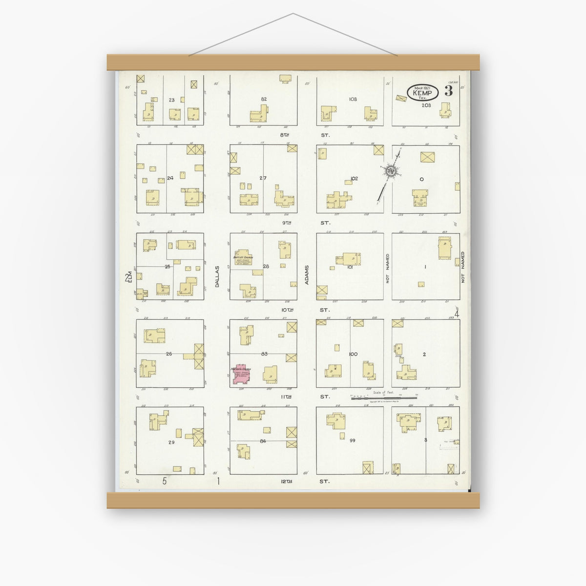 Old map wall art mockup — magnetic wood frame on white wall — Sanborn Fire Insurance Map from Kemp, Kaufman County, Texas (1921), Sheet #0003