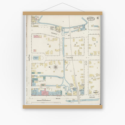 Old map wall art mockup — magnetic wood frame on white wall — Sanborn Fire Insurance Map from Medina, Orleans County, New York (1886), Sheet #0004