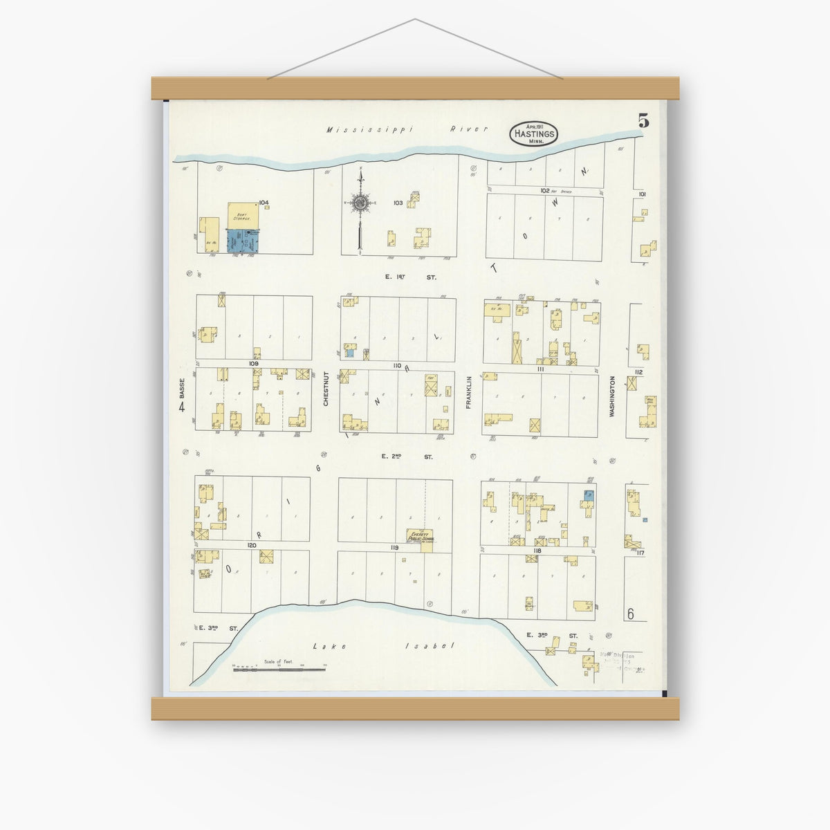 Old map wall art mockup — magnetic wood frame on white wall — Sanborn Fire Insurance Map from Hastings, Dakota County, Minnesota (1911), Sheet #0005