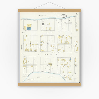 Old map wall art mockup — magnetic wood frame on white wall — Sanborn Fire Insurance Map from Hastings, Dakota County, Minnesota (1911), Sheet #0005