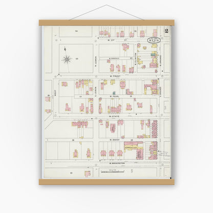 Old map wall art mockup — magnetic wood frame on white wall — Sanborn Fire Insurance Map from Media, Delaware County, Pennsylvania (1894), Sheet #0002