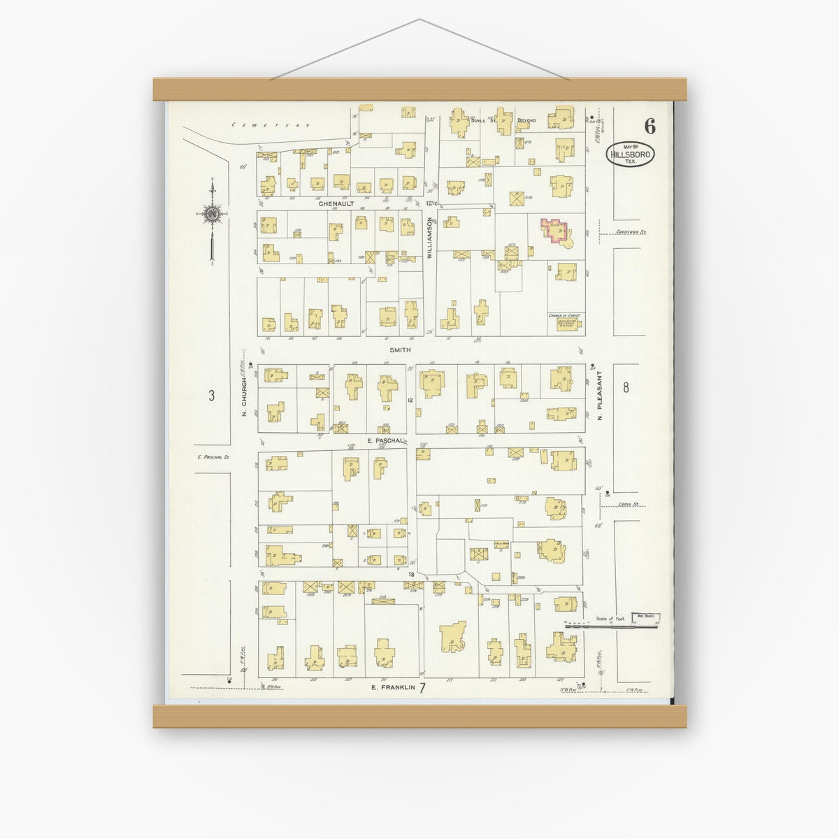 Old map wall art mockup — magnetic wood frame on white wall — Sanborn Fire Insurance Map from Hillsboro, Hill County, Texas (1911), Sheet #0006